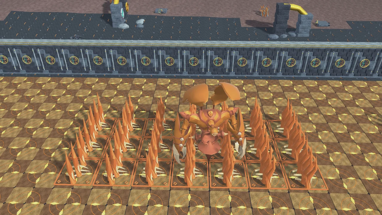 Pyre King stands inside the rising flame wall of Twinforge.